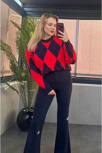 MİR STORE Red Navy Blue Striped Diamond Patterned Long Sweater