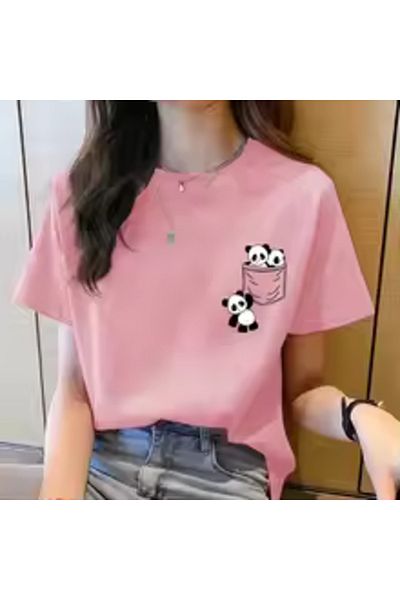 Boi Panda Print Unisex Oversize Combed Cotton T-Shirt - Mini Design, Printed, Short Sleeve