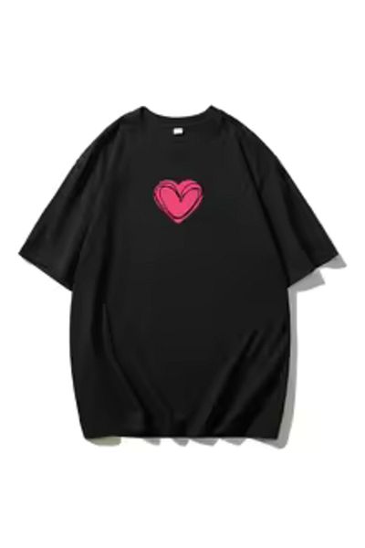 Boi Women's Heart Heart Hand Drawing Design Minimal T-Shirt - Black and White Oversize Cotton Tee Shirt