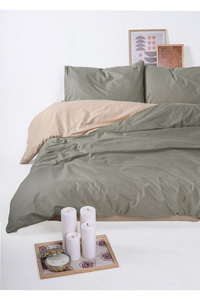 Fiora Home %100 Natural Cotton Duvet Cover Set - Green Cream - Fitted Sheet - Double