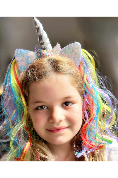 Queen Nelly copil cu coafură colorată, cu coarne de unicorn, urechi strălucitoare, tiara pentru copii, petrecere, ziua de naștere nr.3