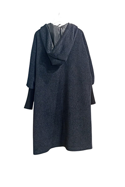 Puane Women's Hooded Zippered Angora Fabric Black Cap / Coat 15196