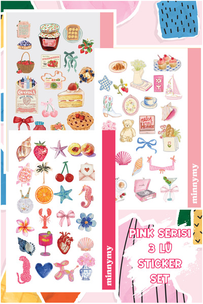 Minnymy Pink Serisi 3LÜ Vintage Sticker, Çıkartma, Ajanda, Günlük, Planlayıcı...