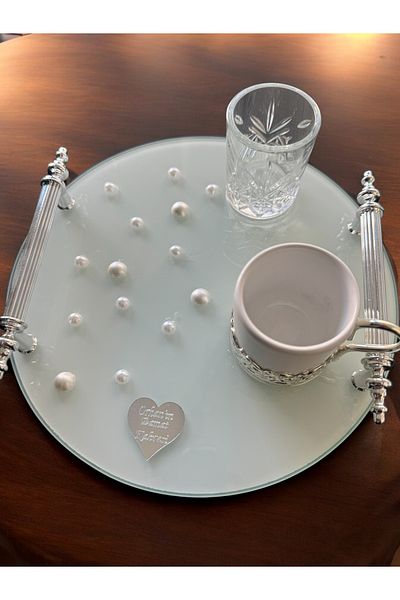 CyzHome Beloved Silver White and Pearl Engagement and Groom Tray - Coffee Cup Tray 1