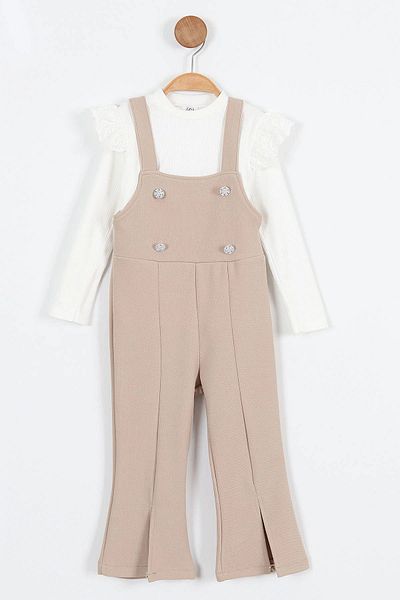 Minigimin Cicileri Girls' Set in Beige - My Mini's Flowers, Strap Stone Button Romper and Ruffled Blouse