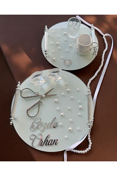CyzHome Beloved Silver White and Pearl Engagement and Groom Tray - Coffee Cup Tray 1