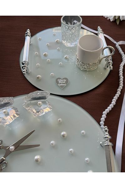 CyzHome Beloved Silver White and Pearl Engagement and Groom Tray - Coffee Cup Tray 1