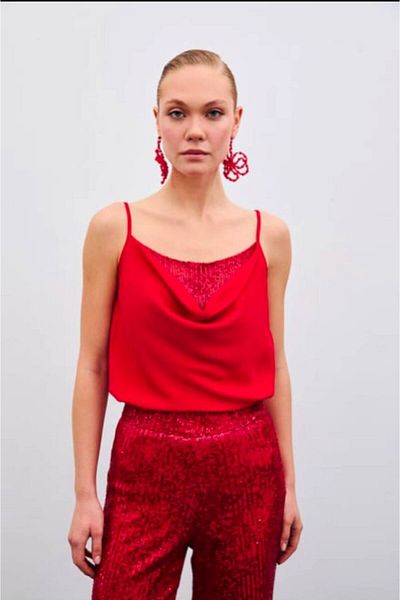 Sateen Degaje Collar Blouse - Red
