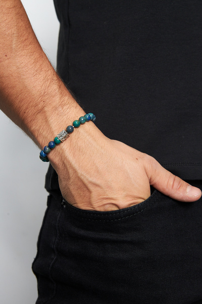 Ventino Silver 8mm Azurit 925 Ayar Gümüş Erkek Doğal Taş Bileklik VED-0004