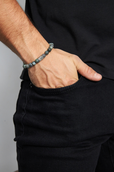 Ventino Silver 8mm Zümrüt 925 Ayar Gümüş Erkek Doğal Taş Bileklik VED-0007