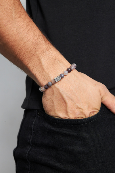 Ventino Silver 8mm Botswana Akik 925 Ayar Gümüş Erkek Doğal Taş Bileklik VED-...