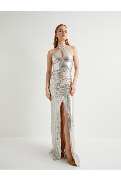 Koton Sequin Sequined Long Evening Dress Halter Neckline