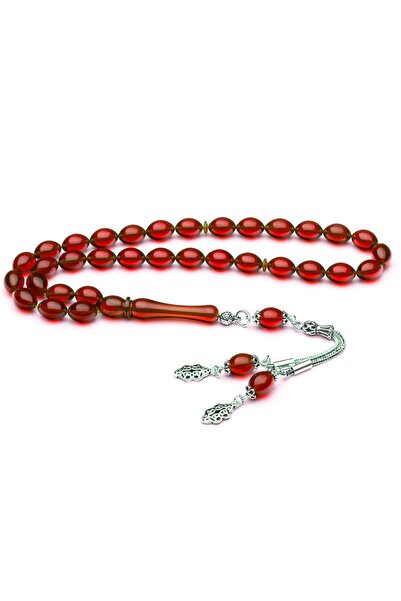 Ventino Silver 925 Ayar Gümüş Püsküllü Arpa Kesim Sıkma Kırmızı Kehribar Tesb...