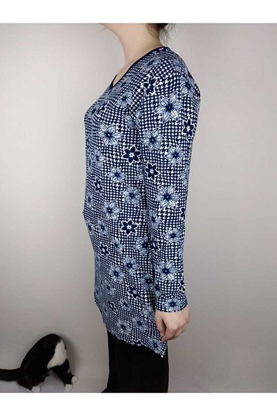 YAŞAR TRİKO Women's Navy Blue White V Neck Long Sleeve Suede Soft Fabric Tunic
