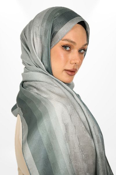 hijabchi Trend Monogram Σαλί - Ειδική Σειρά - Νέα Συλλογή - Νέα Συλλογή - Ειδική Σειρά - Γαλάζιο Πράσινο
