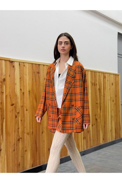 Retrobird 90S Plaid Print Oversize Women's Jacket - Light Tile Retro Model