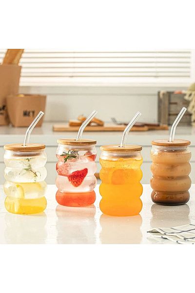 Yenigeldi 2 Pieces Heat Resistant Glass Straw Wooden Lid Striped Knuckle Cup Coffee Juice Cup