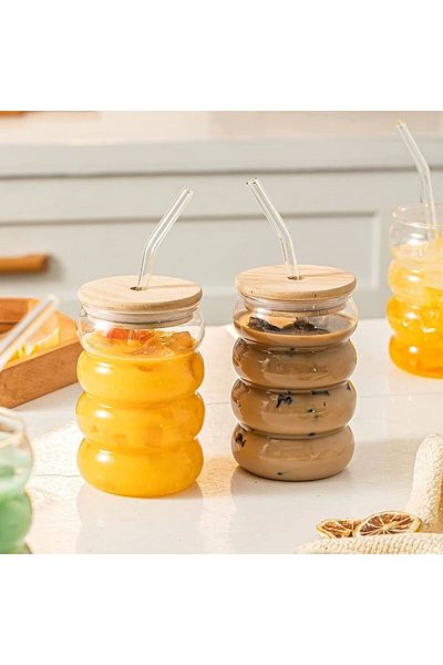 Yenigeldi 2 Pieces Heat Resistant Glass Straw Wooden Lid Striped Knuckle Cup Coffee Juice Cup