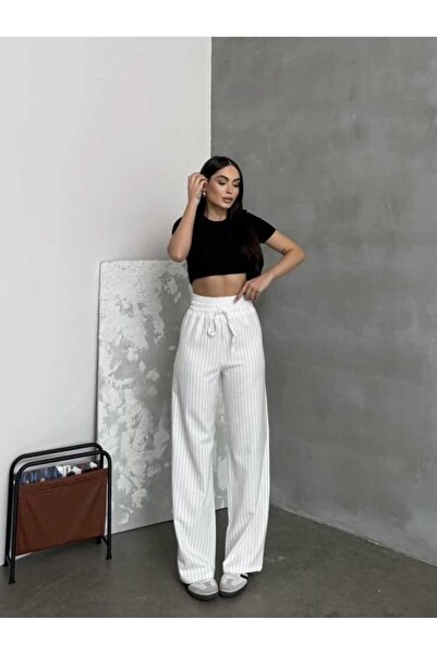 BNK Shop Παντελόνι Palazzo με ριγέ λεπτομέρεια στη διπλή μέση και κορδόνια που δένουν το πόδι