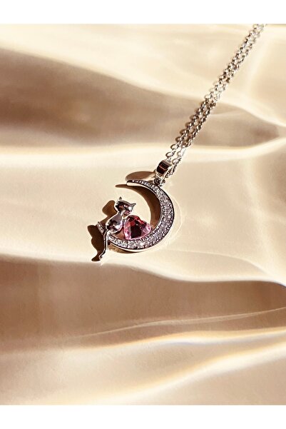 WisstoriaCollections Çelik Gold-Gümüş Renk Pembe Zirkon Kalp Taşlı Kedili Ay ...