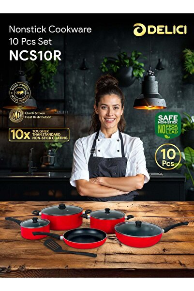 DELICI طقم أواني طهي مكون من 10 قطع، طلاء عالي الجودة، مقلاة 26 سم، 2 قدر 24/28 سم، مقلاة ووك 26 سم، مقلاة حليب 18 سم مع غطاء