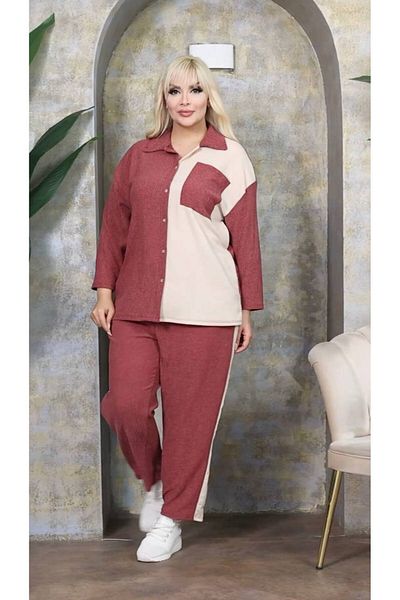 garajmood Cămașă și pantaloni burgundy Set de top cu buzunare de culoare dublă pentru femei de mărime mare