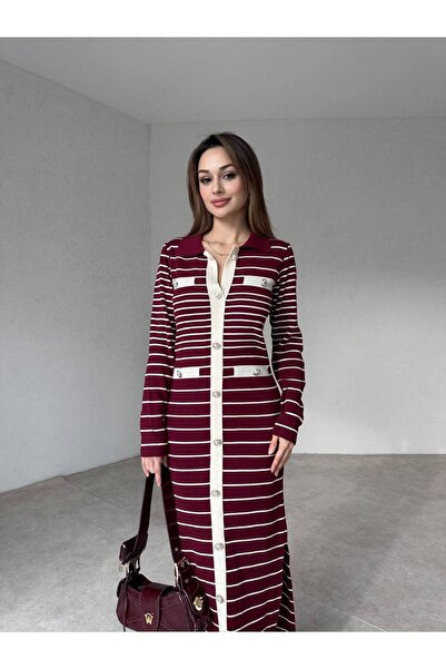 popibutik Kadın Çizgi Desen Maxi Triko Elbise