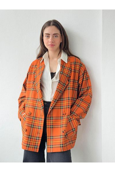 Retrobird 90S Plaid Print Oversize Women's Jacket - Light Tile Retro Model