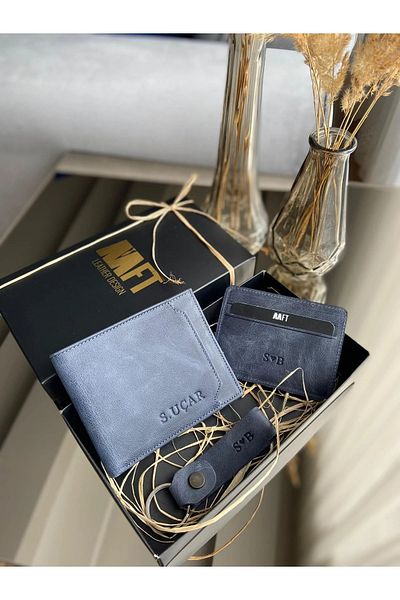 Deriza Paris 1204 Navy Blue Δερμάτινο Πορτοφόλι, Σετ θήκης κάρτας και μπρελόκ