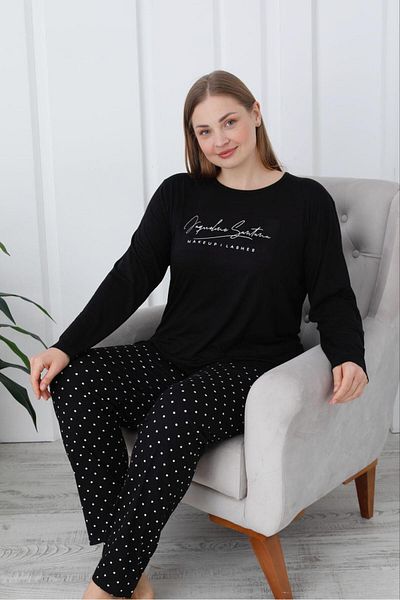 Eyfuze Women's Milan Fabric Large Size Curve Printed Patterned 1St Quality Bamboo Long Sleeve Pajamas Set