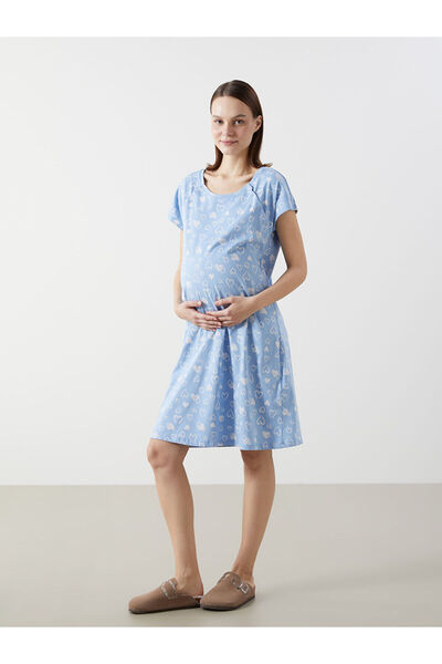 LC Waikiki Blue Crew Neck Patterned Short Sleeve Maternity Nightdress