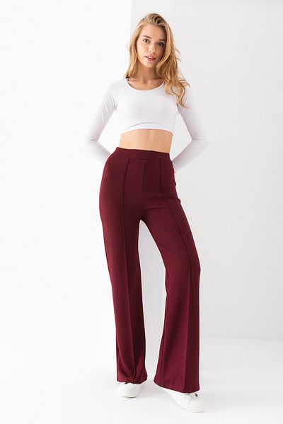 LEBRA Pantaloni de damă bordeaux cu nervuri în față, cu potrivire lată, cu picior largi, din țesătură modal, cu talie înaltă, jambiere