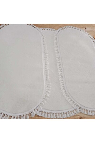 ALTUN CARPET Set of 3 Modern Plush Carpet Post Carpet Pompom Fringed Non-Slip Base 1 Piece 80X80 + 2 Pieces 40X80