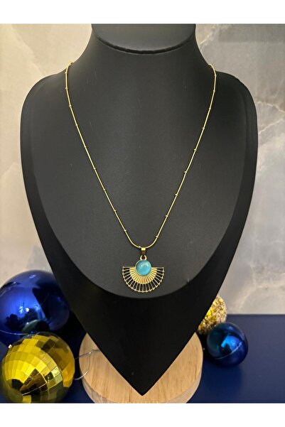 Idarosa Concept Altın Kaplama Top Zincirli Turkuaz Sedef Taşlı Yelpaze Model Çelik Kolye KARARMAZ