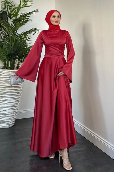 MERVEN AKYÜZ Red Cross Pary Front Evening Dress