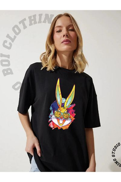 Boi Women's Color Bugs Bunny Design Oversize Loose Fit Casual Cotton Black White Short Sleeve T-Shirt