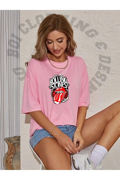 Boi Λογότυπο Rooling Stones Σχεδιασμός Oversize Loose Fit Casual βαμβακερό μαύρο λευκό κοντομάνικο μπλουζάκι
