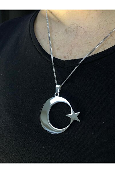 vogutima jewelery&silver by timuçin mavili 4 cm Moon Star Turkish Flag Lover Gift for Wife Dad Friend Steel Necklace