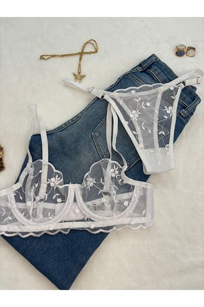 İNKO İÇ GİYİM Floral Underwire Cupless Tulle Bra Set (Bra Thong)