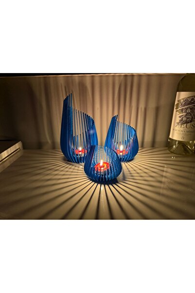 bademüzik Mumluk 3’lü Set Özel Tasarım Dekoratif Obje Mavi Renk