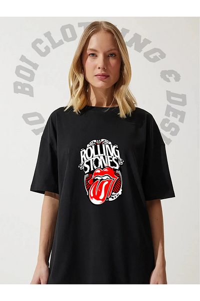 Boi Rooling Stones Logo Design Oversize Loose Fit Casual Cotton Black Short Sleeve T-Shirt