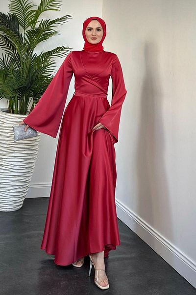 MERVEN AKYÜZ Red Cross Pary Front Evening Dress