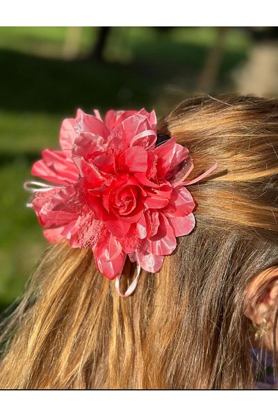 QUEEN AKSESUAR Red Luxury Fashion Trending - Large Satin, Artificial Rose and Floral Pegs, Clip Toqa Zakkum No2
