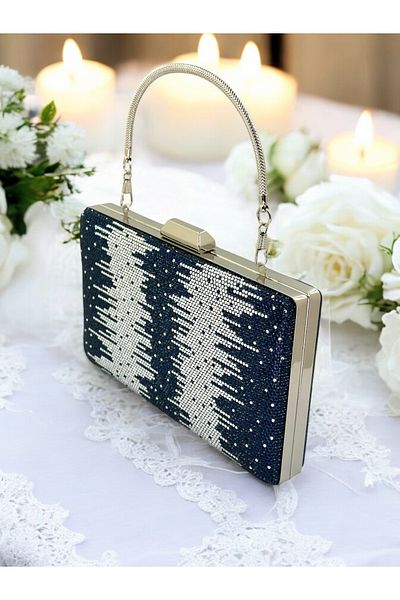 MidStore Albastru Marin Argintiu Mâner metalic Piatra de cristal Geanta rochie de seara Nunta Logodna Henna Absolventa