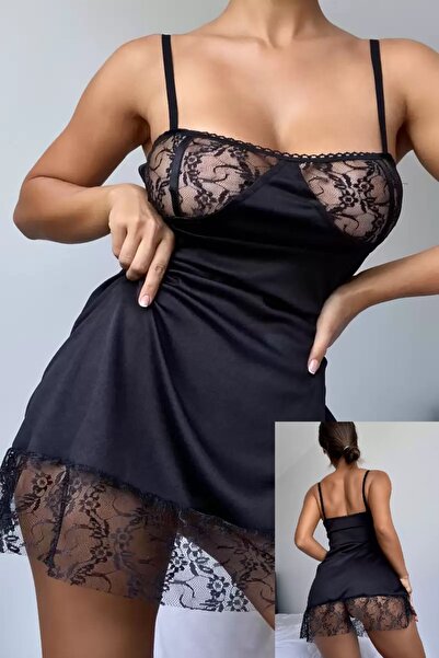 dafri Kadın Eteği ve Göğsü Dantel Detaylı Mini Siyah Gecelik İç Giyim