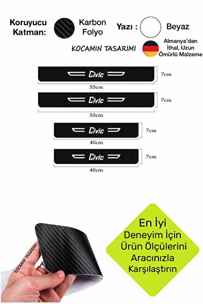 Kocamın Tasarımı Honda Civic Karbon Kapı Eşiği Dekoratif Kapı Koruyucu Siyah Üzeri Beyaz Yazılı 4 Parça Set Honda Civ