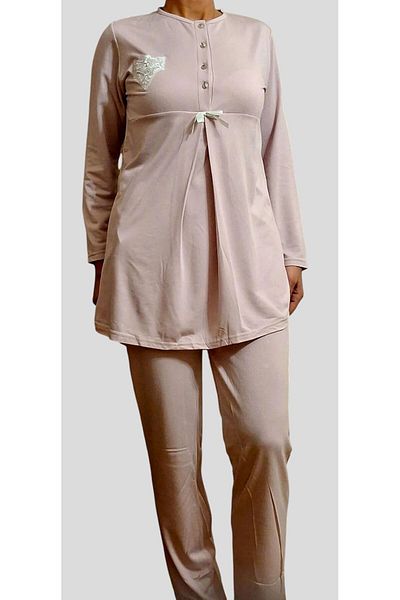 Zen Erdeniz Half Button Maternity Pajamas Set Winter Pudra