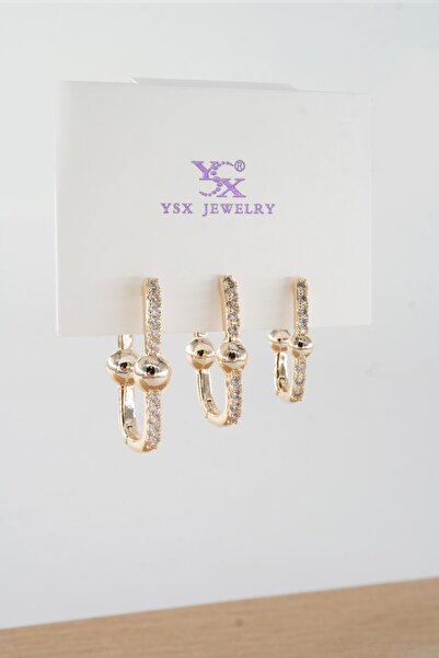 By Zeyna Aksesuar Kadın Vip Seri  Antialerjik Baget Zirkon Taşlı 3'lü Küpe