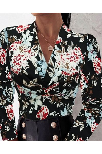 İpeksi Silky Women's Long Sleeve Double Breasted Collar Butterfly Patterned Hooded Diver Blouse
