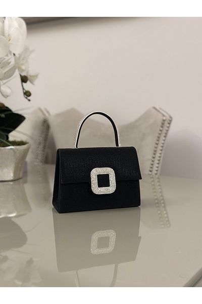 mossi Women's Black Silvery Evening Dress Bag - Crystal Stone Buckle Evening Dress Bag